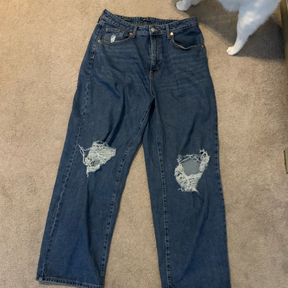 cat not included, blue denium, ripped at the knee